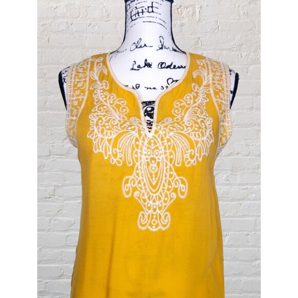 Solitaire Floral Embroidered Tunic Tank Top Womens SM Yellow Blouse Boho Cottage - Picture 2 of 7